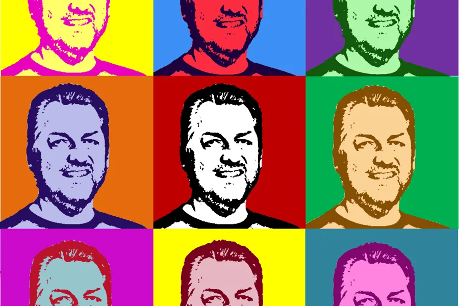 Et fargerikt kunstverk med portrettmotiv i popkunst-stil. Kunstverket er satt sammen av seks like portretter med ulike farger.