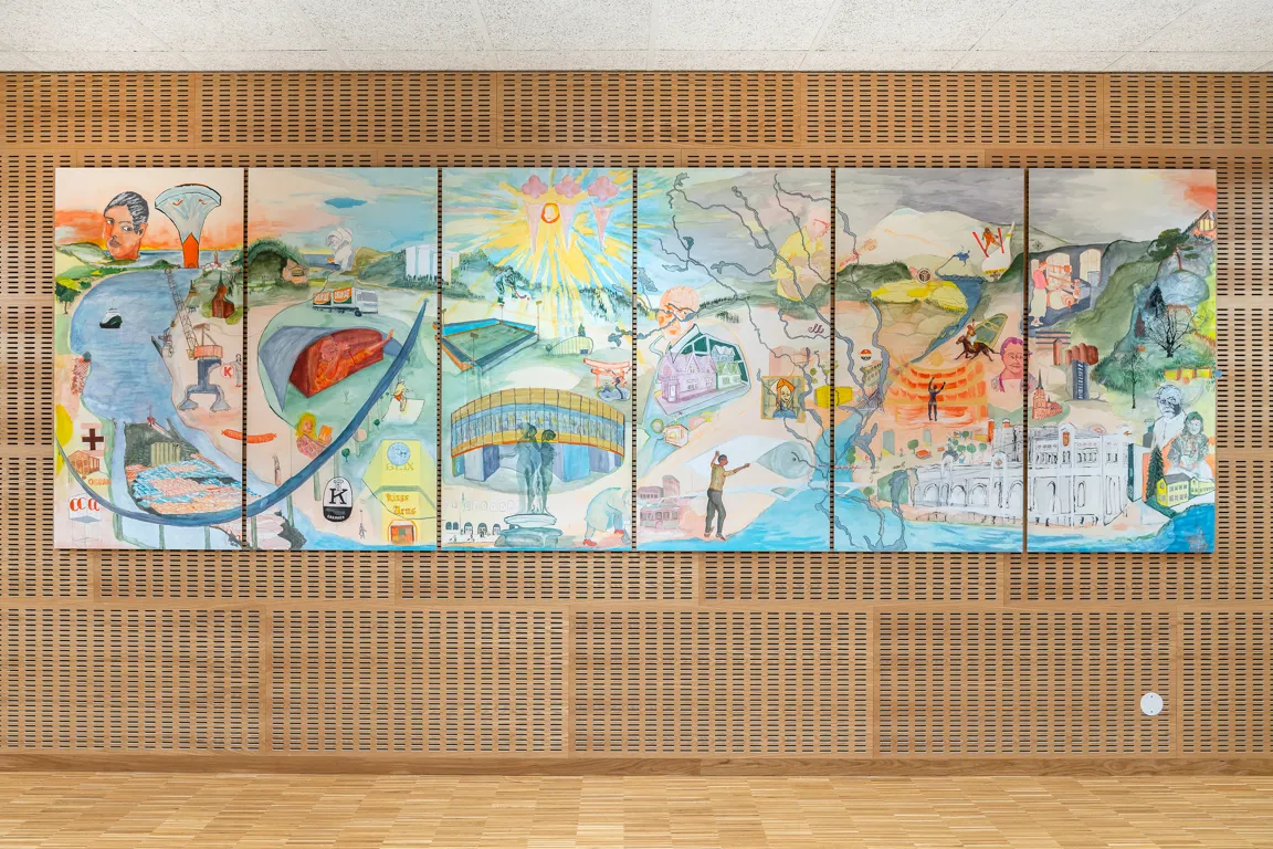 Fabulerende 360º panorama over Drammen og omegn, inspirert av japanske paneler (Byobu)