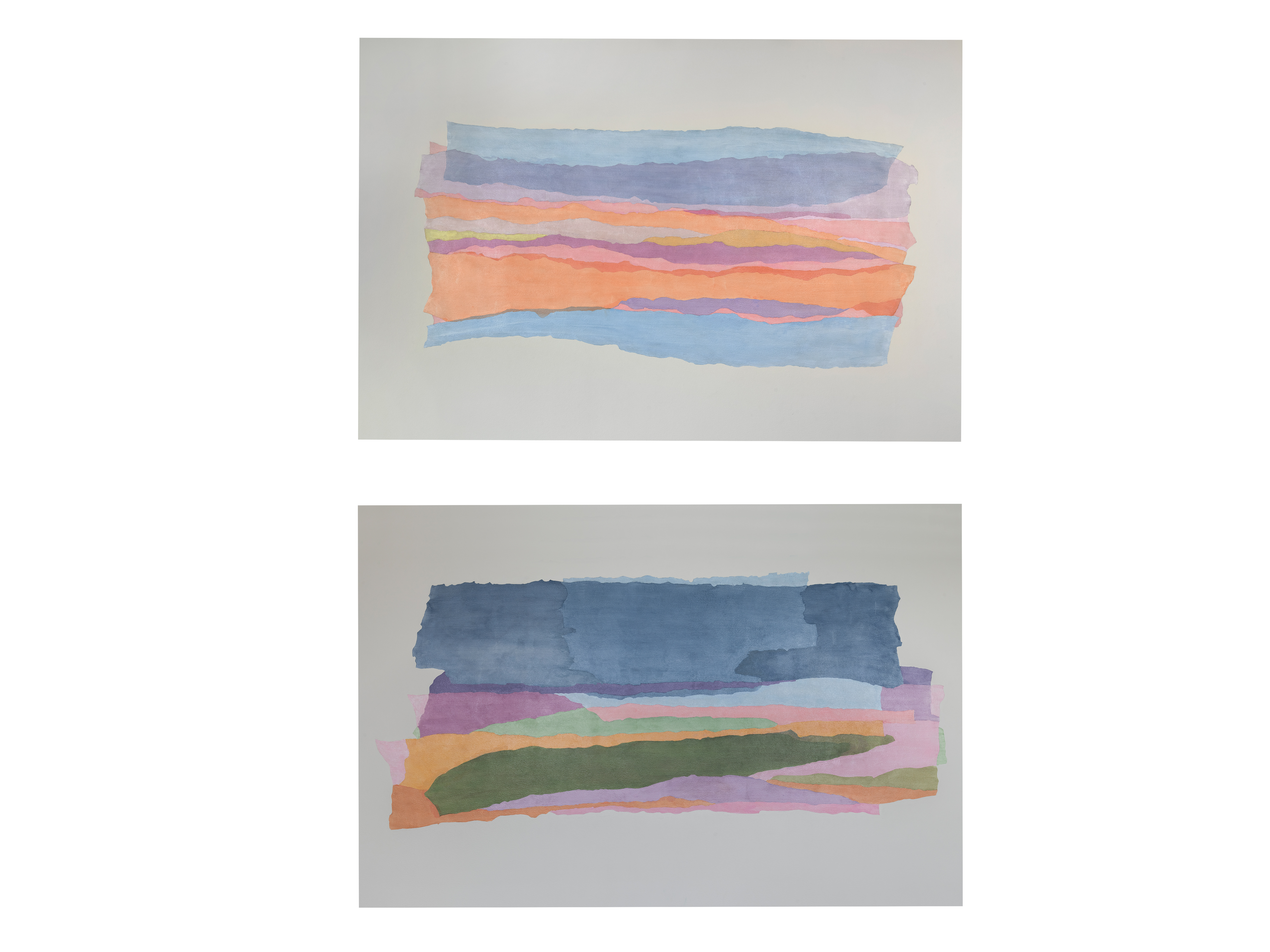 Kunstneren har arbeidet med utgangpunkt i silkepapir, kollasjer, som er revet for så å bli satt sammen til et nytt og vakrere bilde.