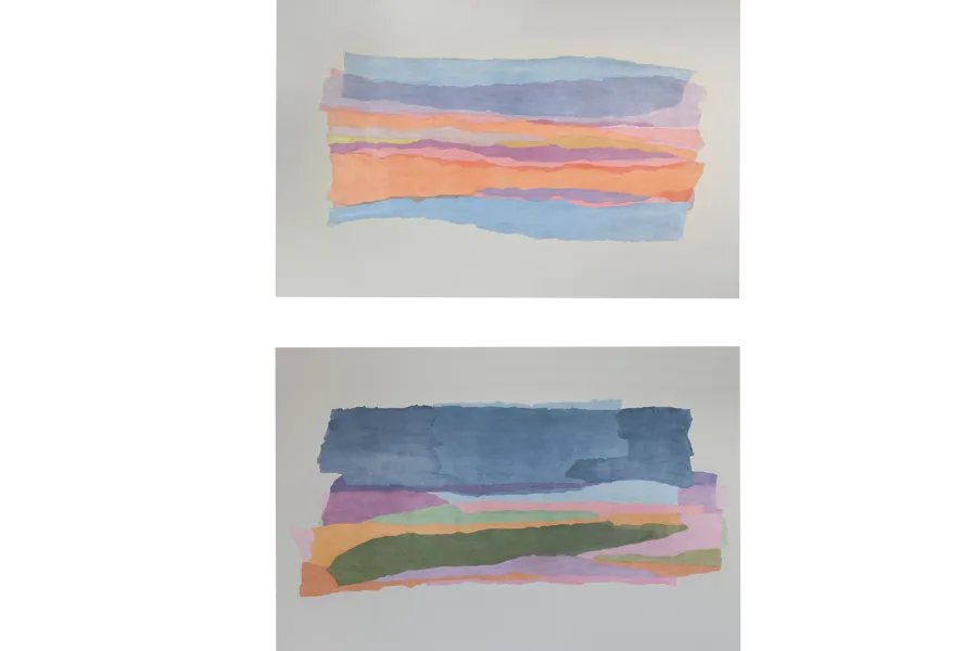 Kunstneren har arbeidet med utgangpunkt i silkepapir, kollasjer, som er revet for så å bli satt sammen til et nytt og vakrere bilde.