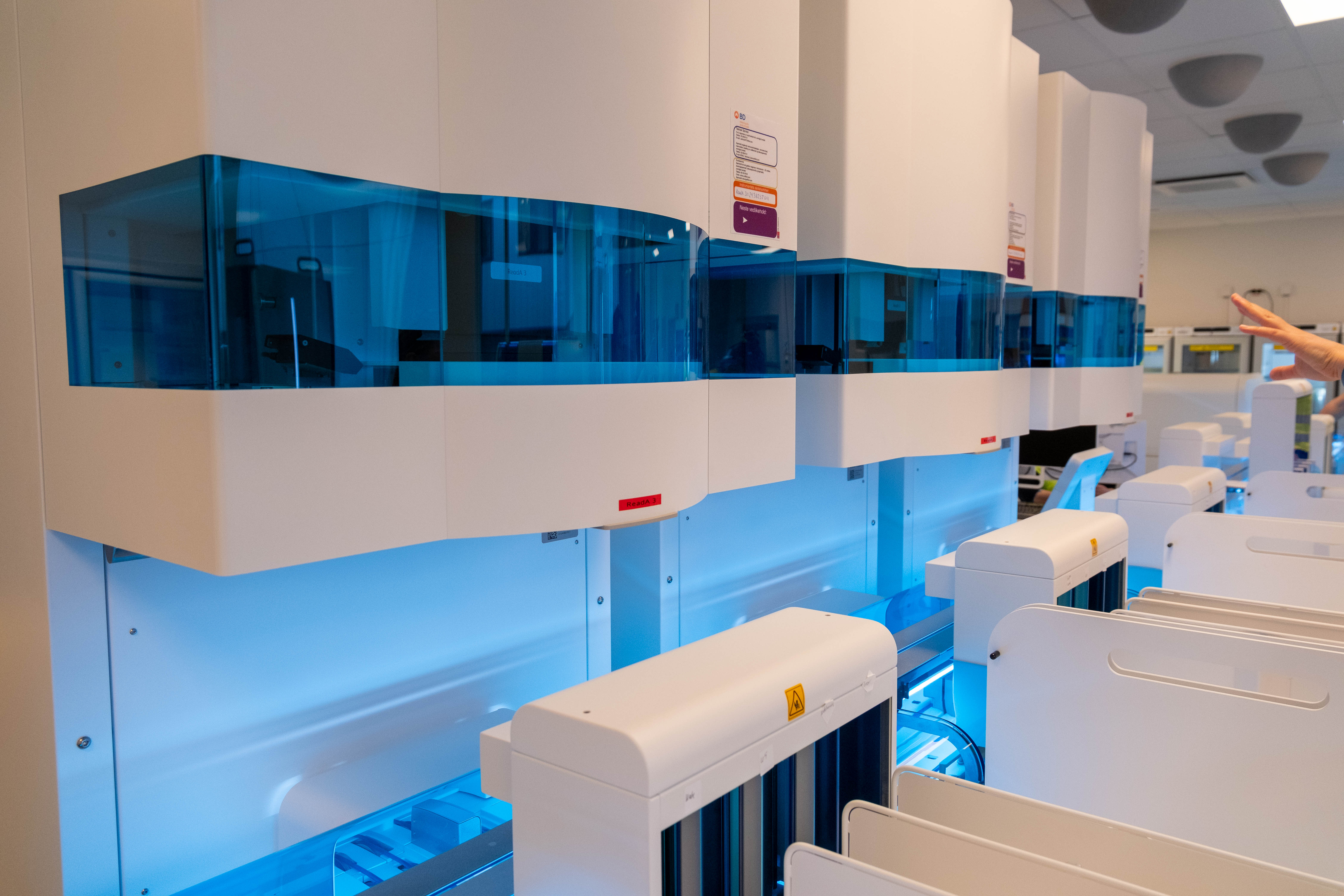 Et rom med blå og hvite skap