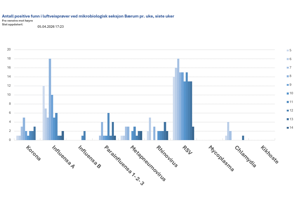 Stolpediagram som viser antall positive funn i luftveisprøver ved mikrobiologisk seksjon Bærum pr. uke, siste uker.