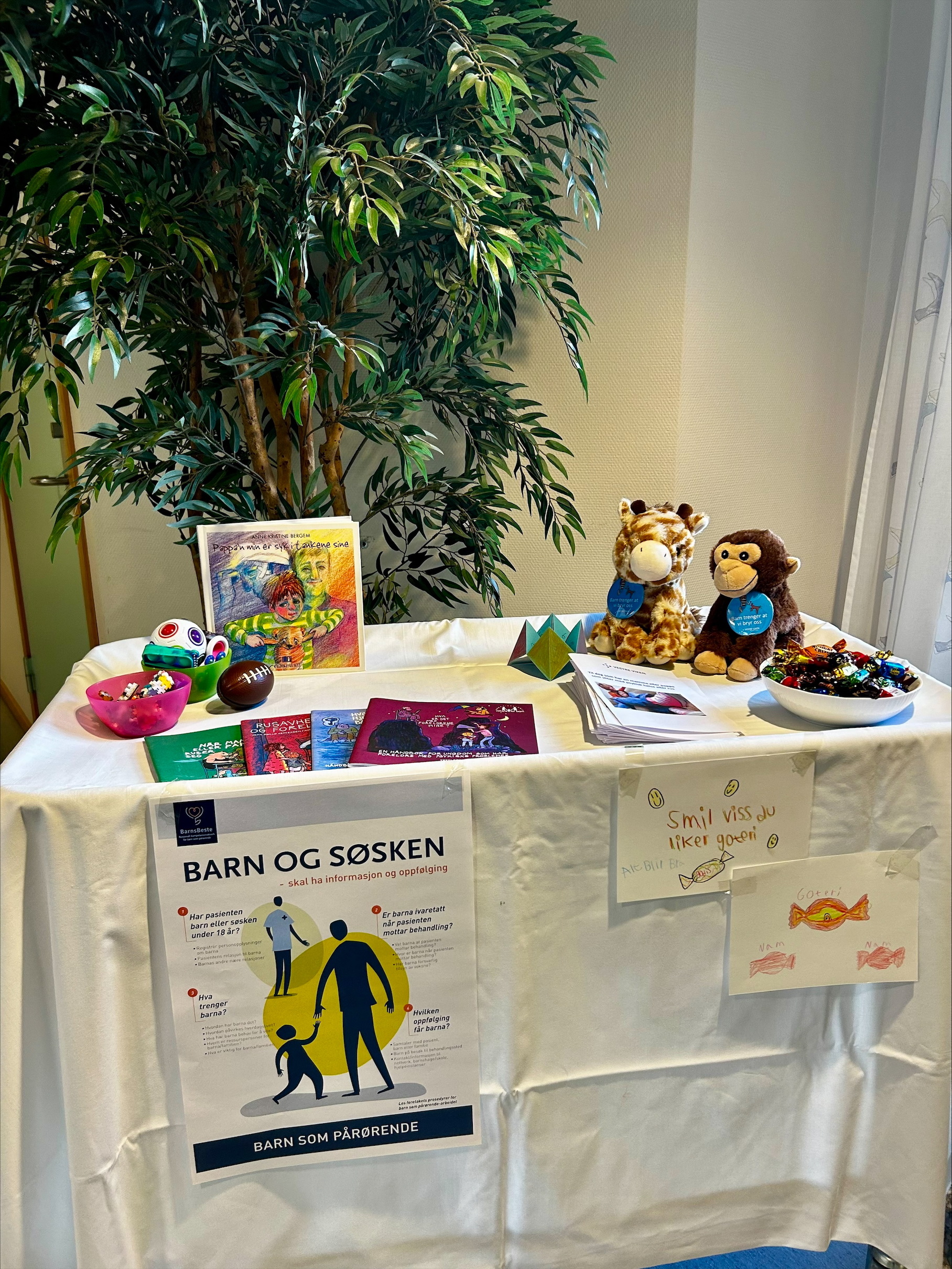 Et bord med et skilt og leker på