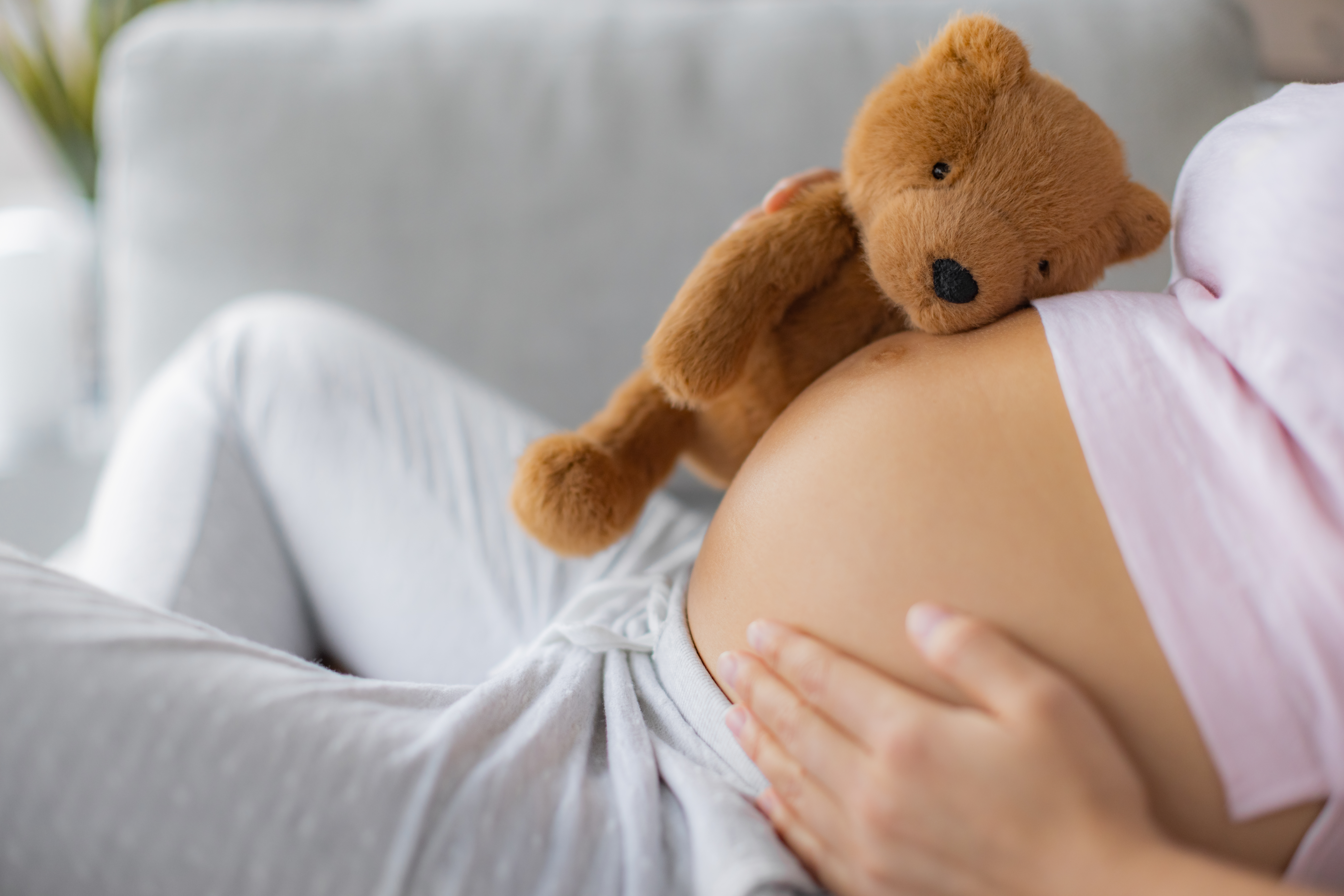 Gravid kvinne med en bamse på magen