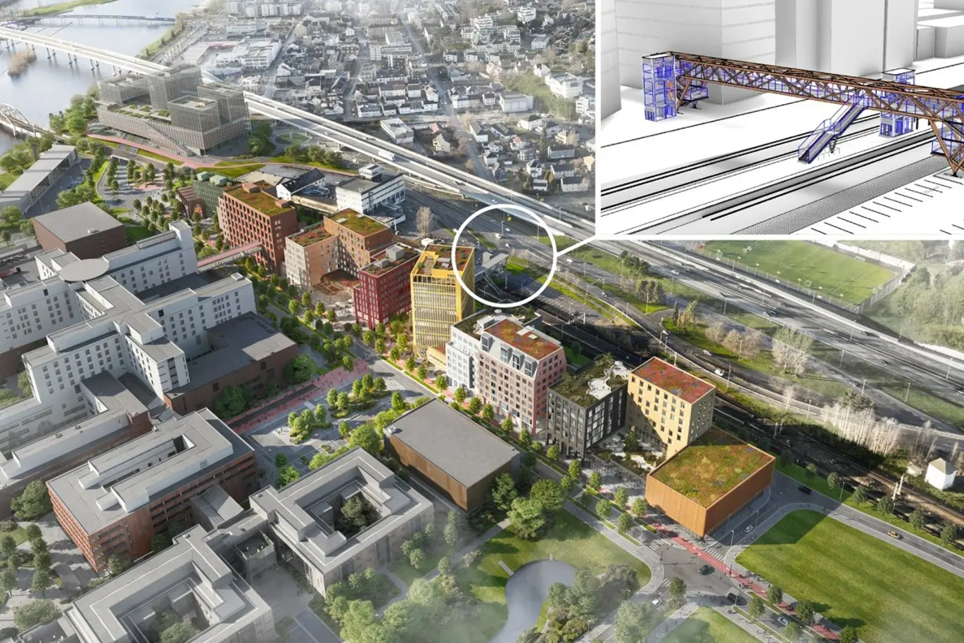 Illustrasjonsbilde over nytt sykehus og gangbro fra Brakerøya