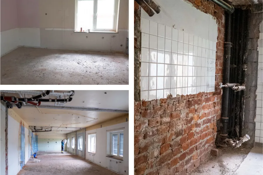 Et rom med murvegger og et murgulv