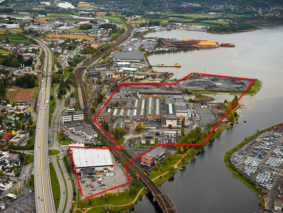 Flyfoto - med sykehusområde markert. 