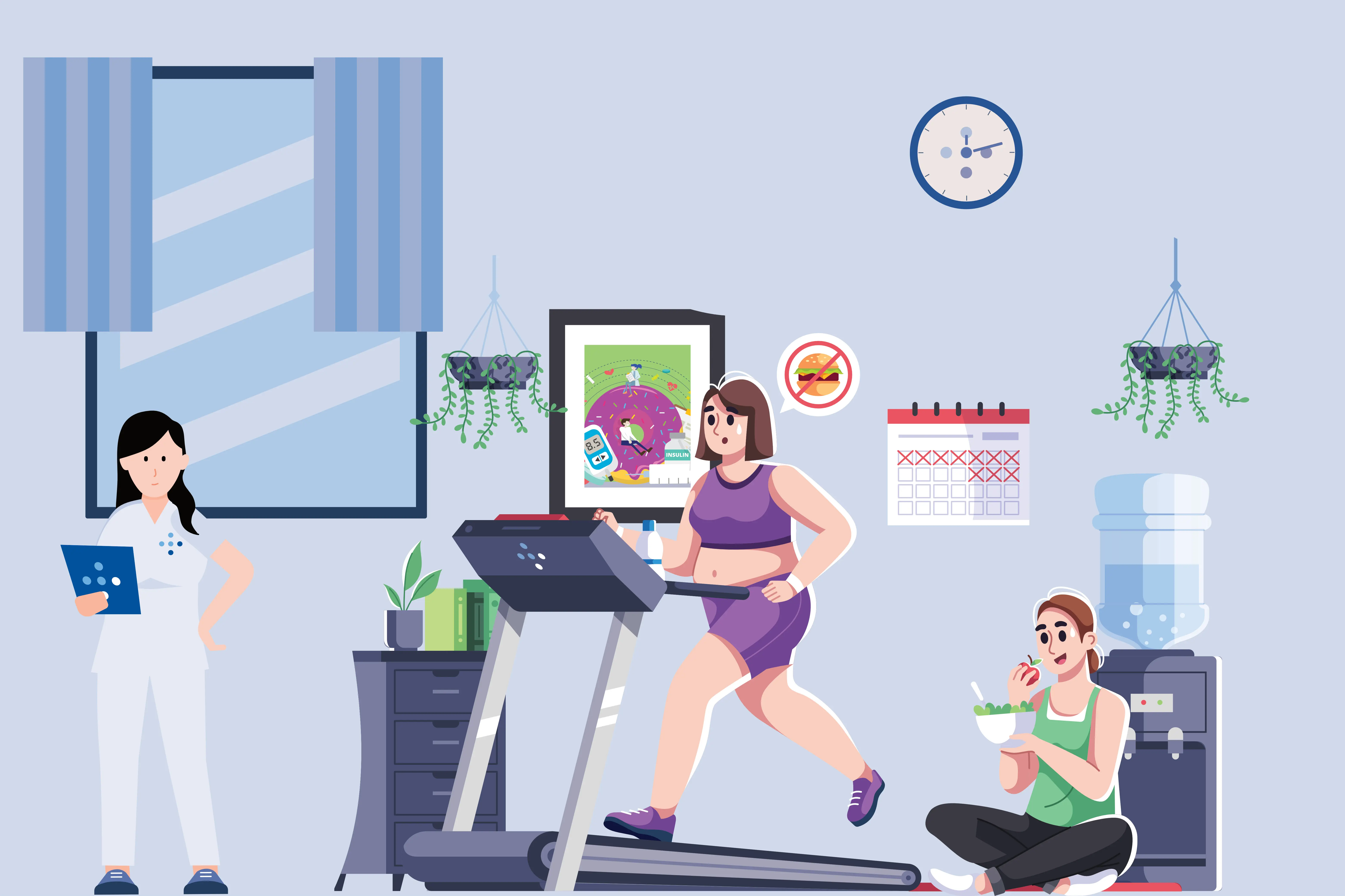 Illustrasjon av helsepersonell som følger opp folk som trener og spiser sunt.