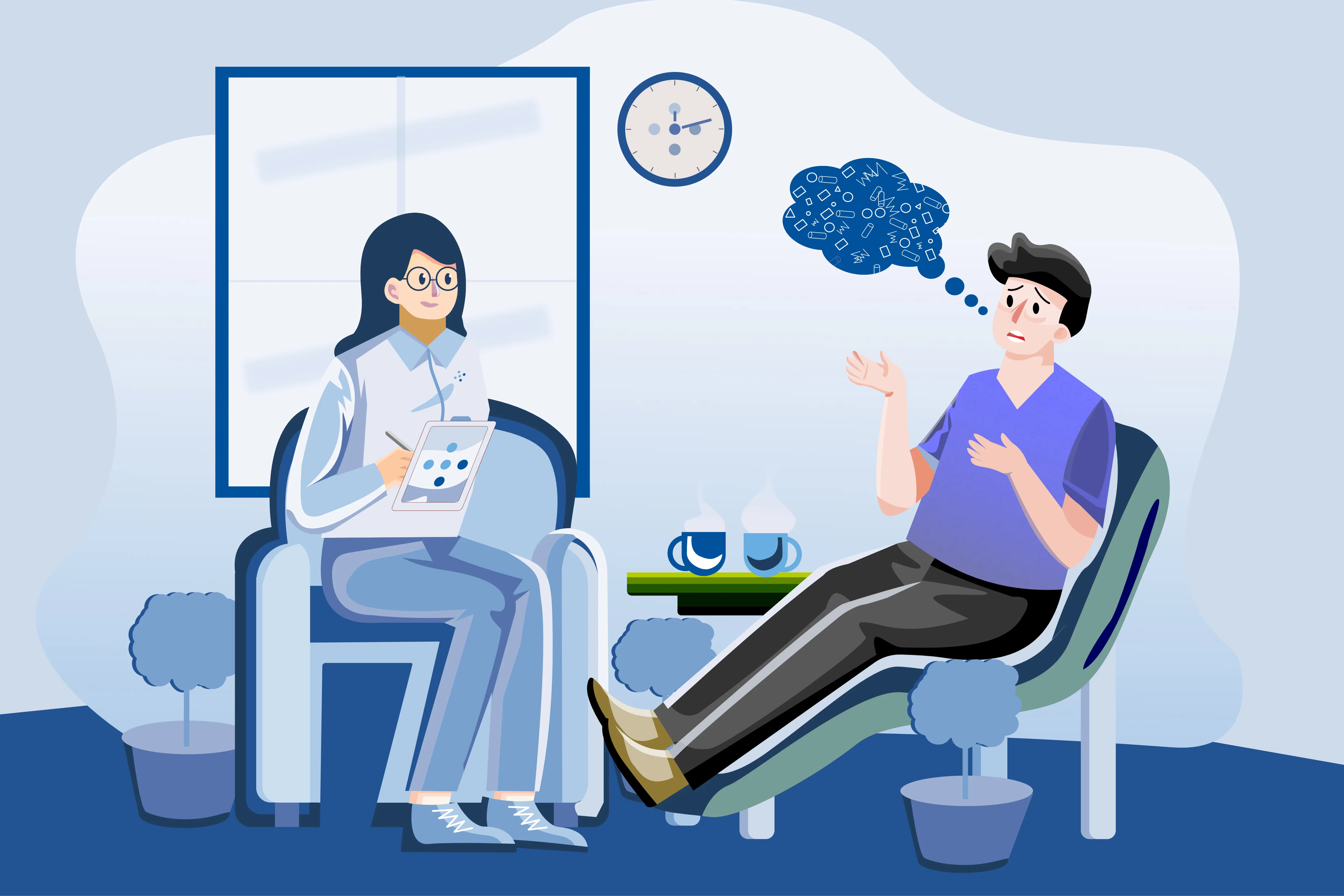 Illustrasjon av pasient hos psykiater.