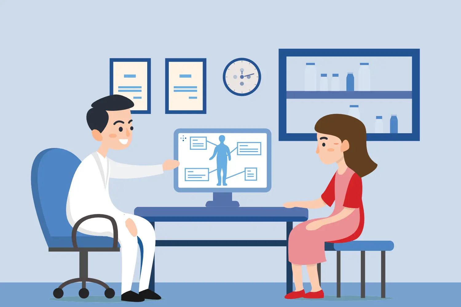 Illustrasjon av helsepersonell som hjelper en pasient med kroniske lidelser.