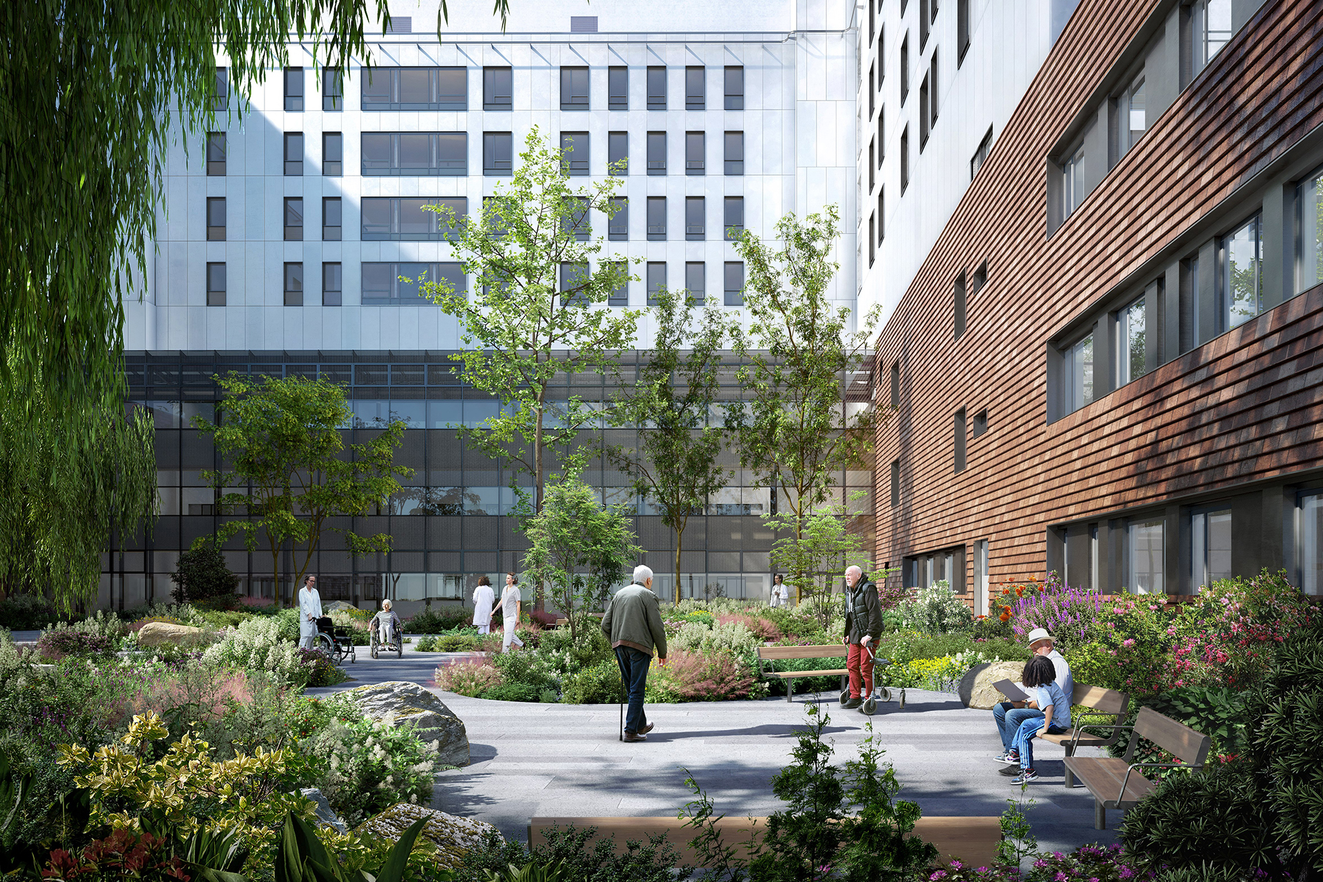 Mennesker som går på en sti mellom bygninger