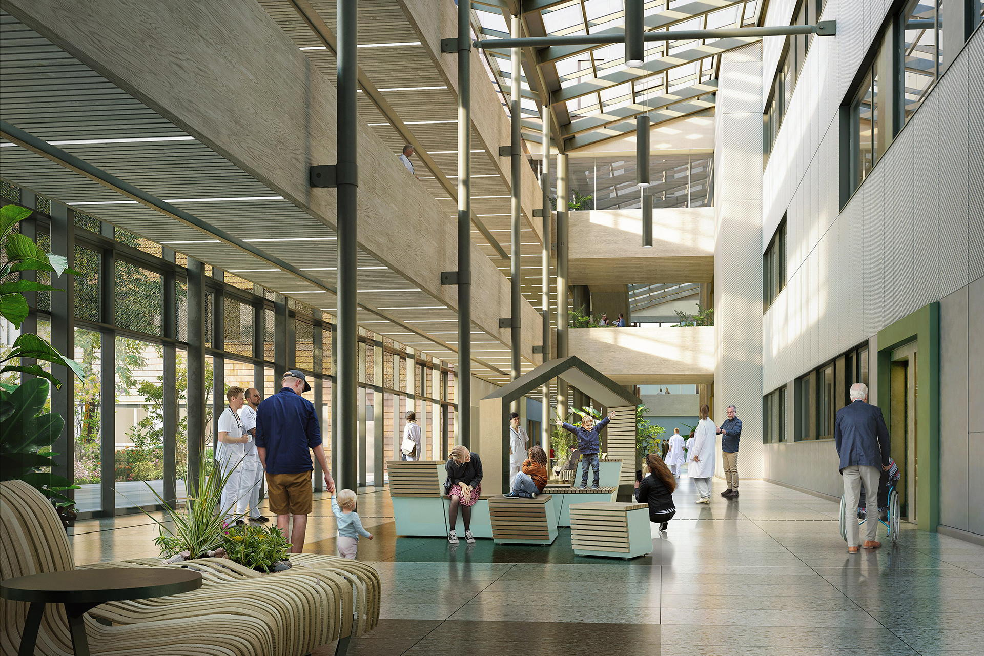 Folk som går i en bygning