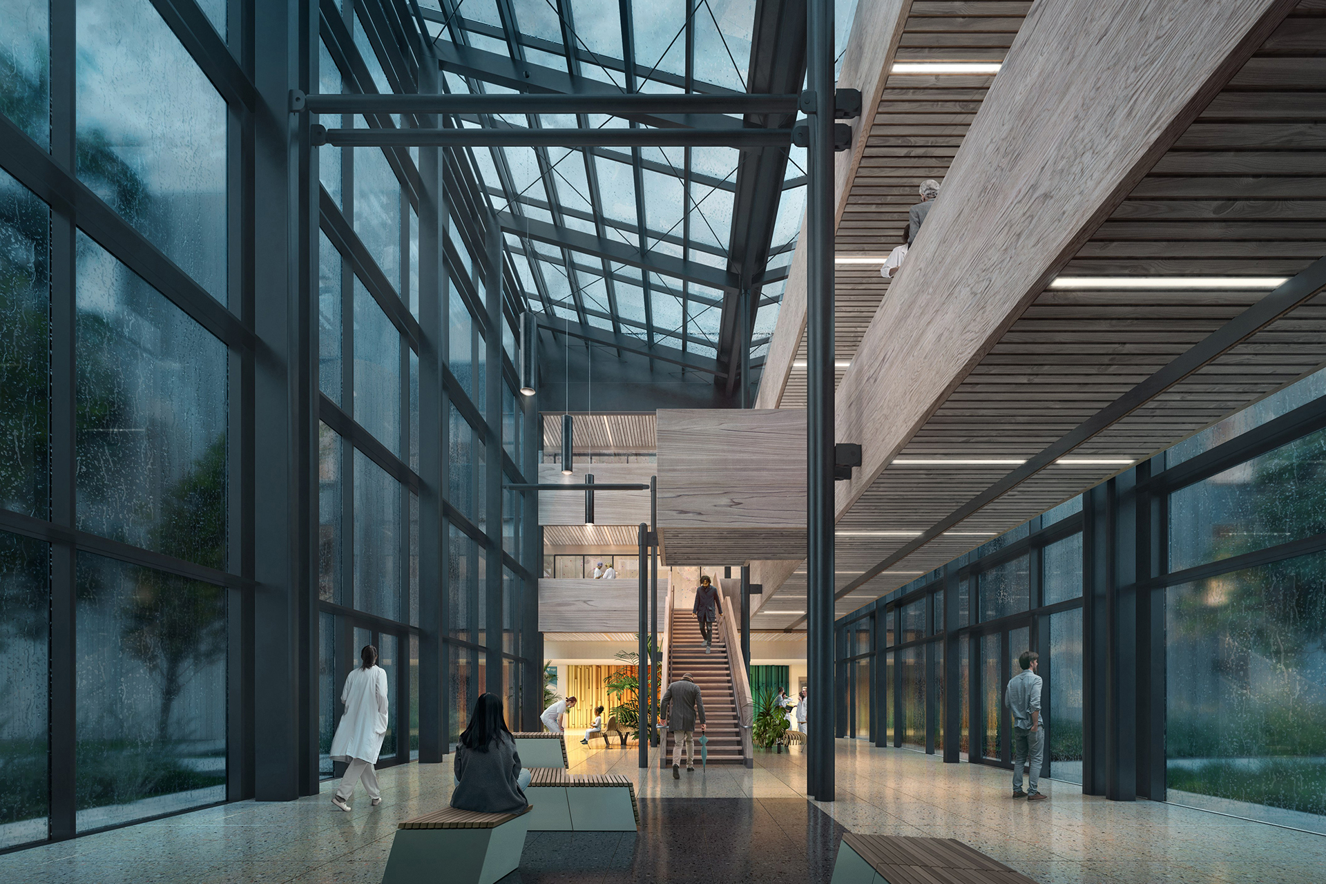 Folk som går inne i en bygning