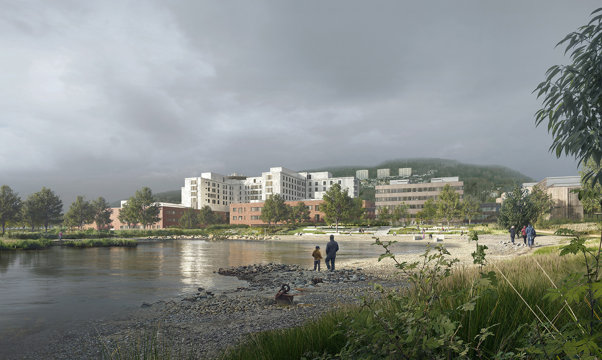 En vannmasse med bygninger langs den