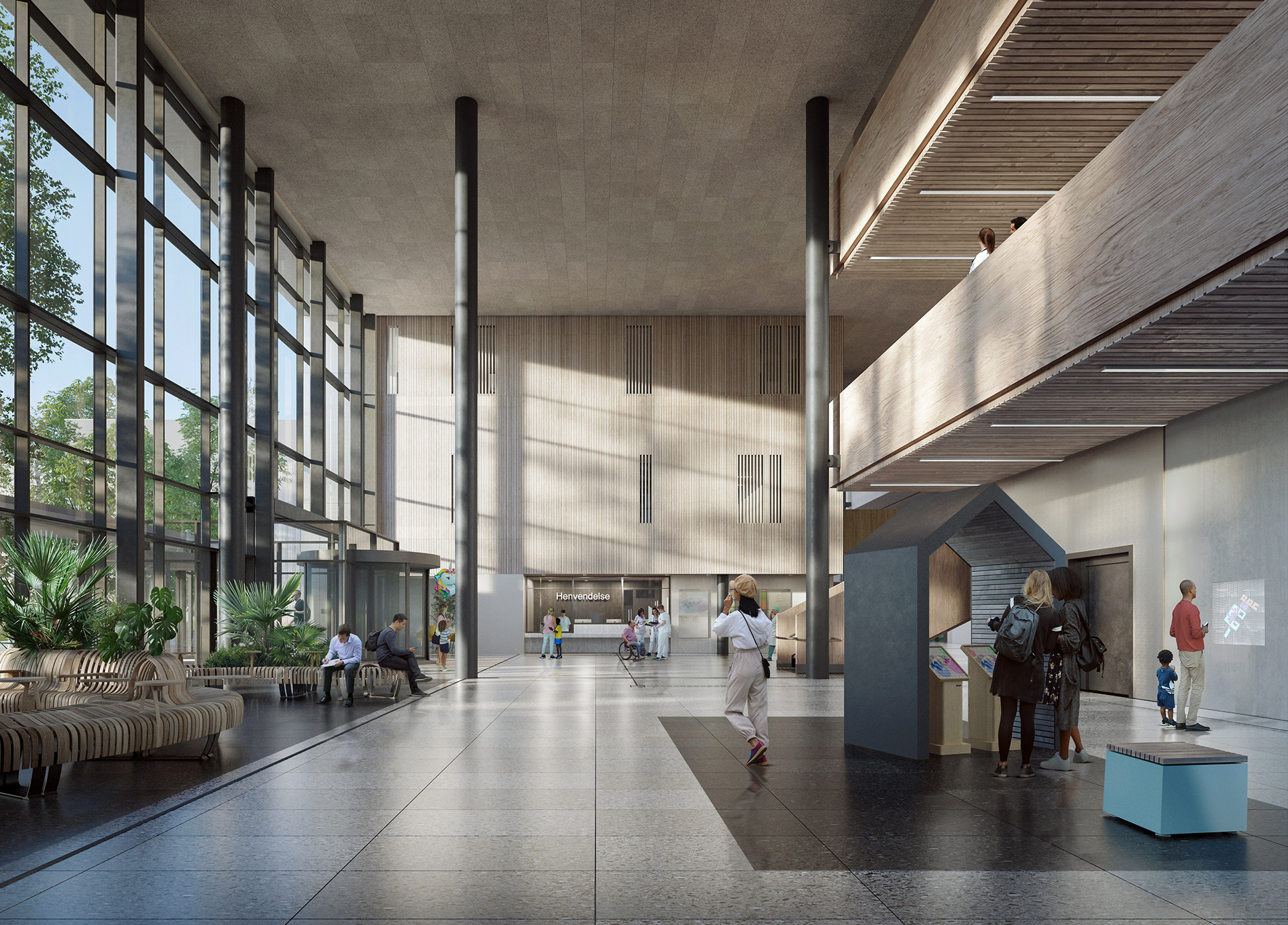 Folk som går i en stor bygning