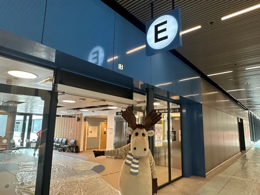 Maskoten Elvin viser vei til poliklinikken til barne og ungdomsavdelingen på Drammen sykehus