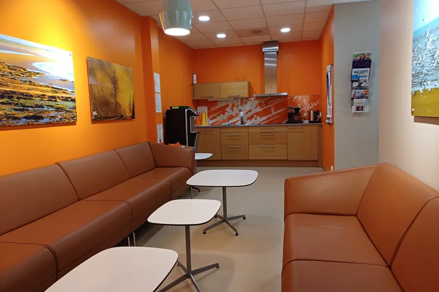 En stue med oransje sofaer