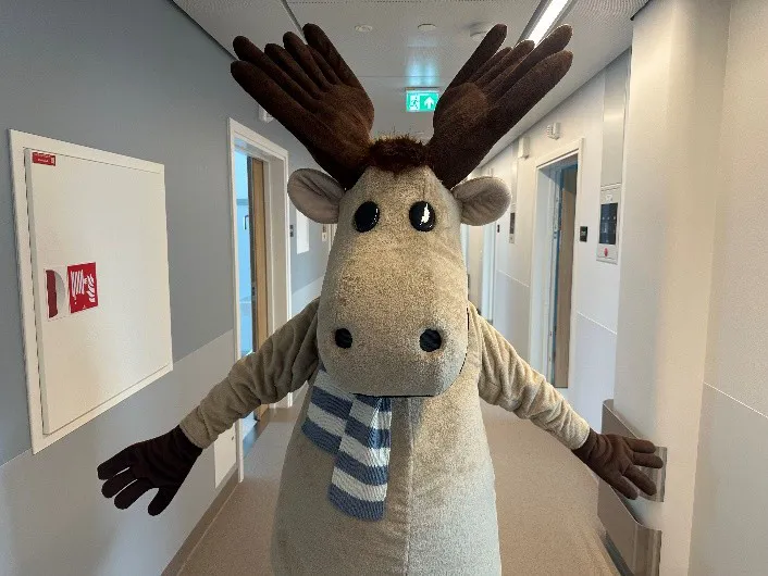 Maskoten Elvin står i korridoren på Drammen sykehus
