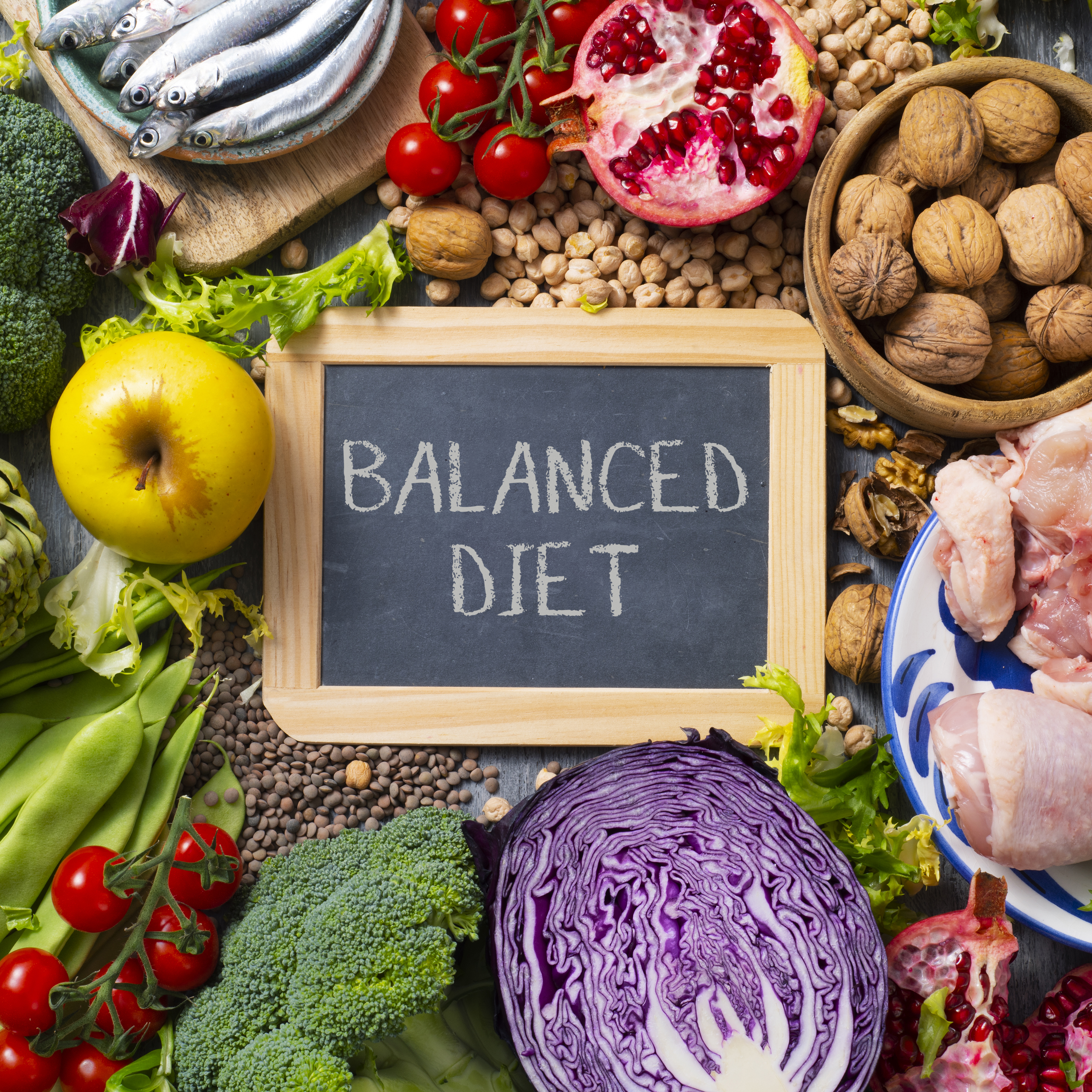 En tavle med teksten ‘Balanced Diet’ omgitt av ulike matvarer, inkludert grønnsaker, frukt, nøtter, belgfrukter, fisk og rått kjøtt. Synlige ingredienser er blant annet brokkoli, rødkål, epler, tomater, granateple, valnøtter og sardiner.