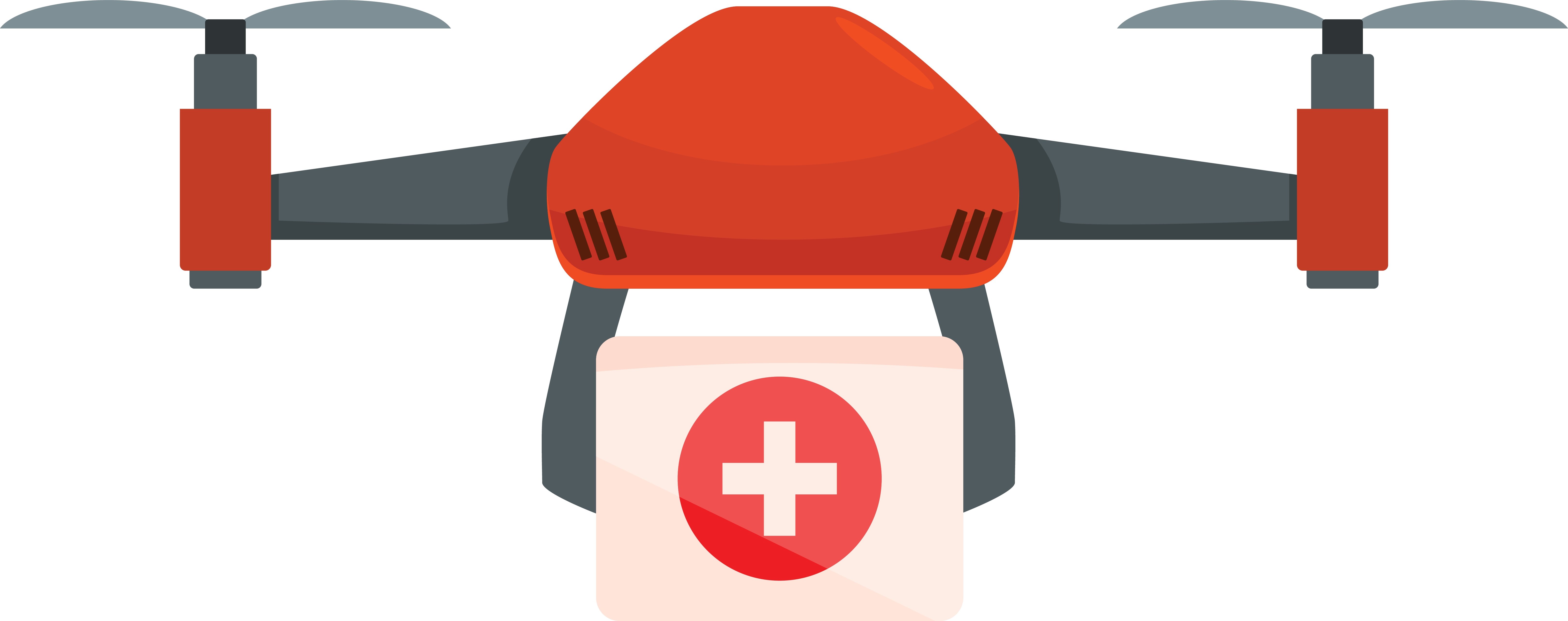 «Illustrasjon av en rød drone med fire rotorer som frakter en hvit pakke med et rødt medisinsk kors-symbol.