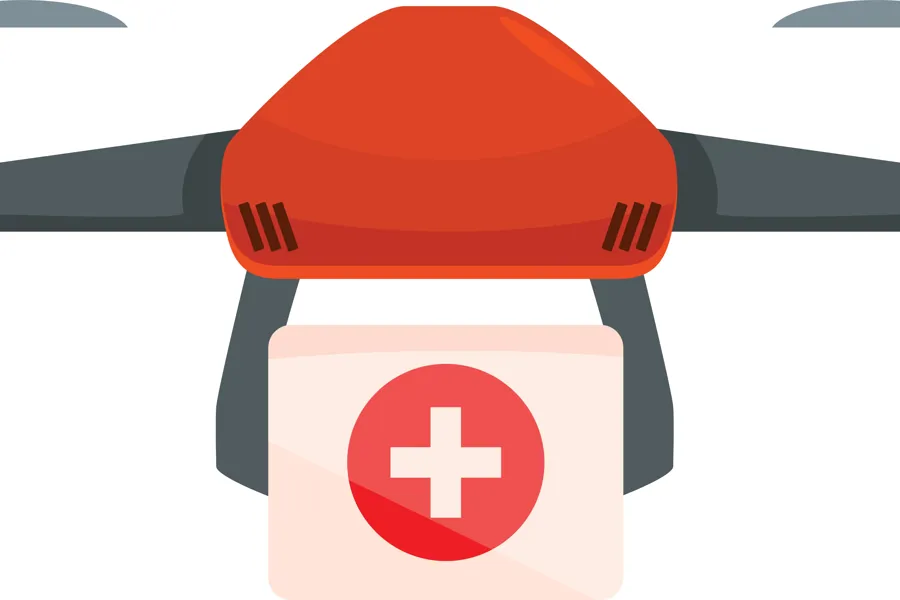 «Illustrasjon av en rød drone med fire rotorer som frakter en hvit pakke med et rødt medisinsk kors-symbol.